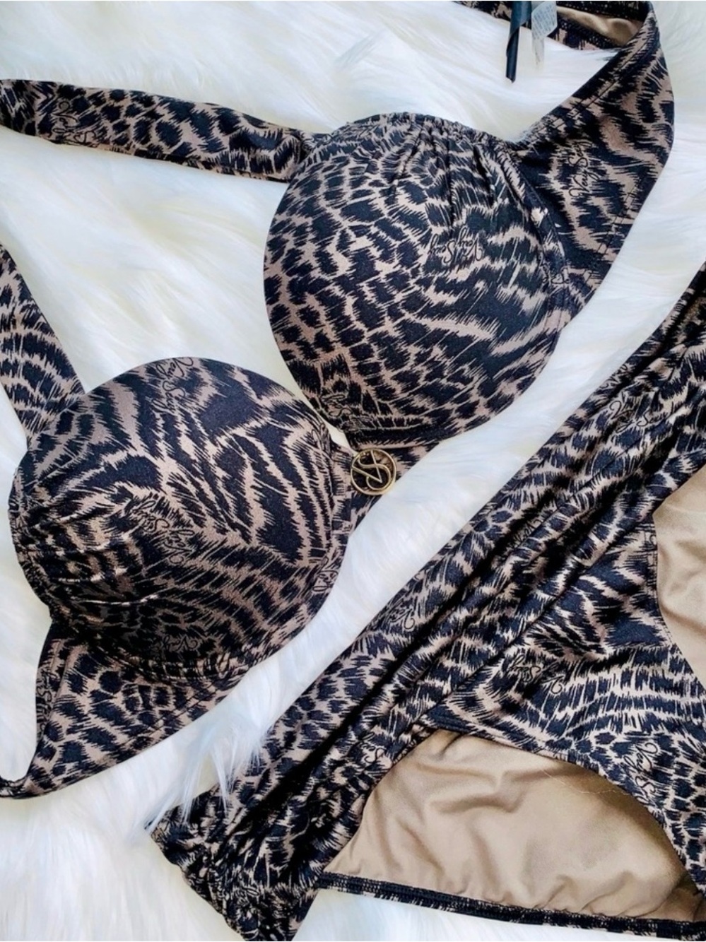 Leopard Print Push-Up Bikini Top and Bottom Set - Black and Tan